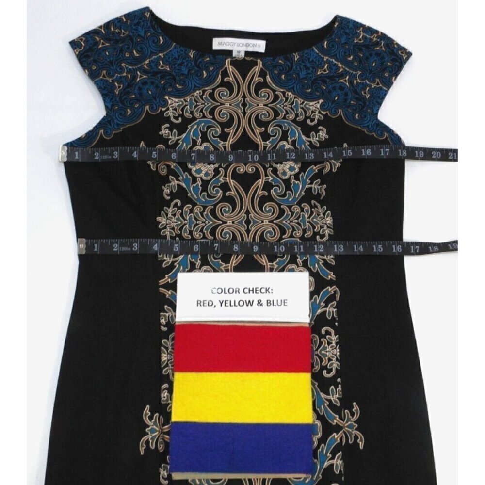 MAGGY LONDON blue, gold & black lined sleeveless polyester blend dress womens 12 - Picture 2 of 3
